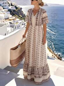 Franclia Holidaya 女士优雅 2026 春夏度假沙滩日常时尚休闲 V 领喇叭袖复古长裙 - 卡其色 - 查看 3