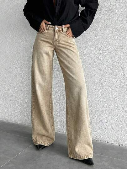 ZIRRA Women's Solid Color Slant Pocket Casual Versatile Straight-Leg Jeans