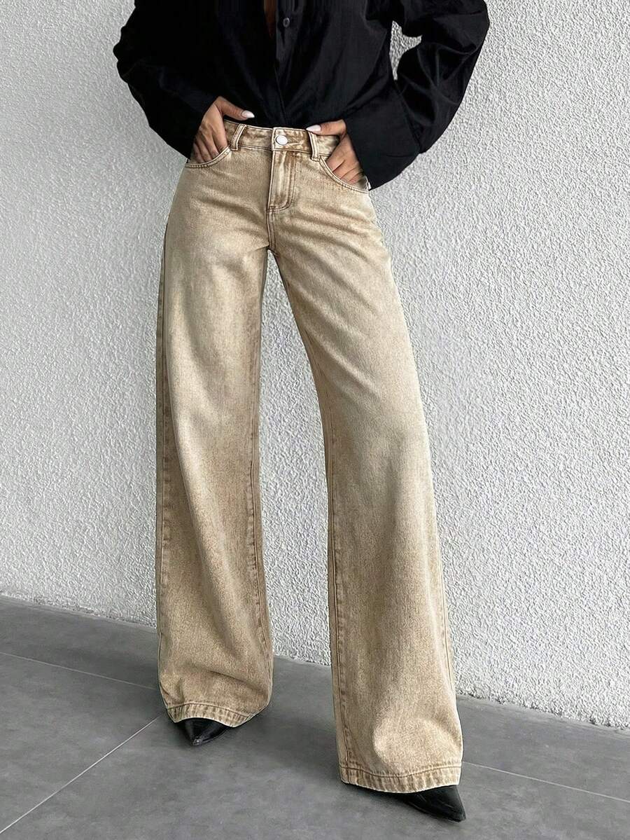 ZIRRA Women's Solid Color Slant Pocket Casual Versatile Straight-Leg Jeans - Khaki - View 1