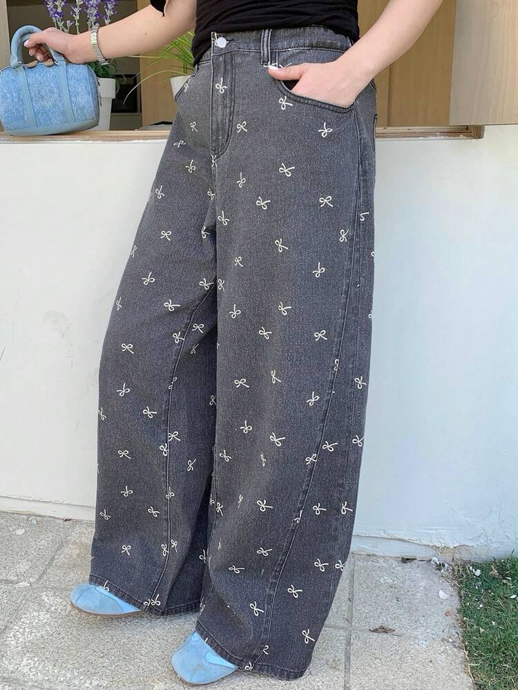 Dazy Plus Bow Print Floral Casual Loose Flare Leg Long Jeans For Women