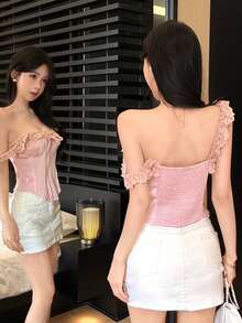 Joudiya Áo nữ kiểu dáng thắt nút, viền bèo nhún, thời trang, đa năng, thích hợp mặc thường ngày. - Hồng - Xem 6