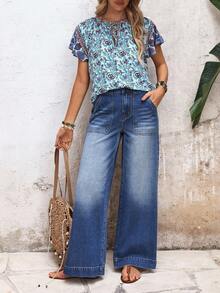 EMERY ROSE 女士度假休闲水洗阔腿牛仔裤 - 藍色 - 查看 5