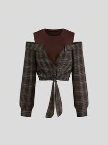 Sweetra Blusa de mujer de talla grande con diseño de hombros descubiertos, parches y lazos, en estilo a cuadros de otoño - Marrón - Ver 1