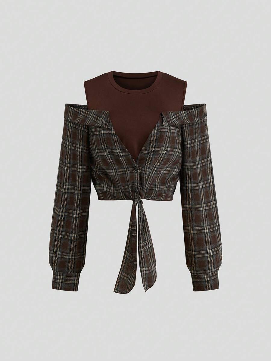 Sweetra Blusa de mujer de talla grande con diseño de hombros descubiertos, parches y lazos, en estilo a cuadros de otoño - Marrón - Ver 1