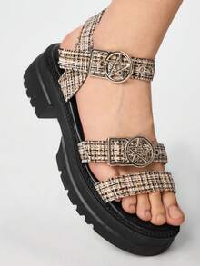 ROMWE Women's Summer Open Toe Dark Rock Punk Goth Roman Beach Sandals, Star Strap Platform Wedge Sandals Spring Shoes Spring Break Easter, Halloween For Christmas 2000s Style Summer Shoes - Black and white grid - View 3