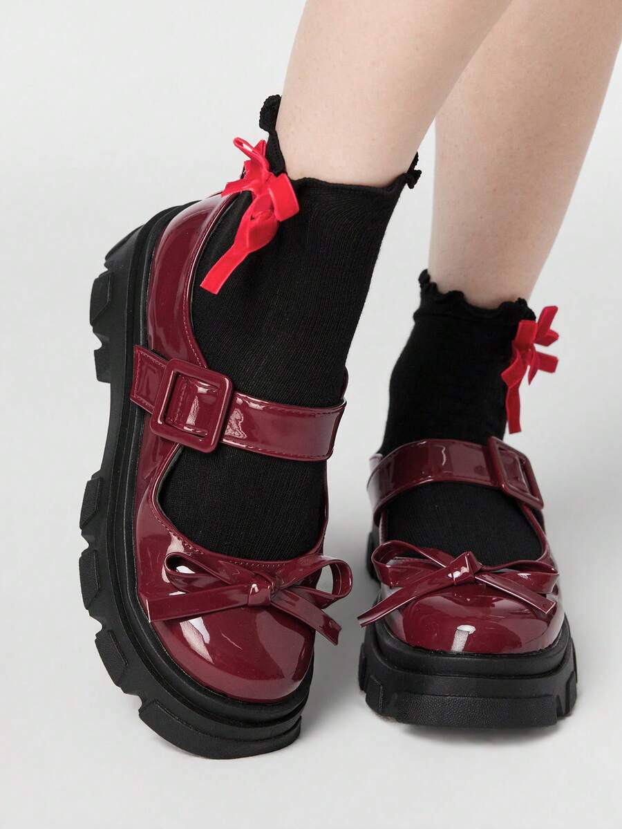 ROMWE Grunge Punk 女士坡跟厚底鞋 Diablo 摇滚朋克哥特风单扣玛丽珍小皮鞋 闭扣蝴蝶结甜美日式 JK 制服鞋 - 酒紅色亮皮 - 查看 1