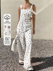 Livesso Ditsy Floral Fitted Women Denim Jumpsuit - White - View 1
