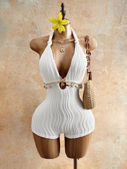 Mistrie Solid Color Backless Halter Romper For Beach Vacation