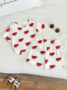 SHEIN 2pcs/Set Unisex Baby Watermelon Print Short Sleeve Pajamas Shorts Set, Casual Comfortable Summer Sleepwear - Multicolor - View 6