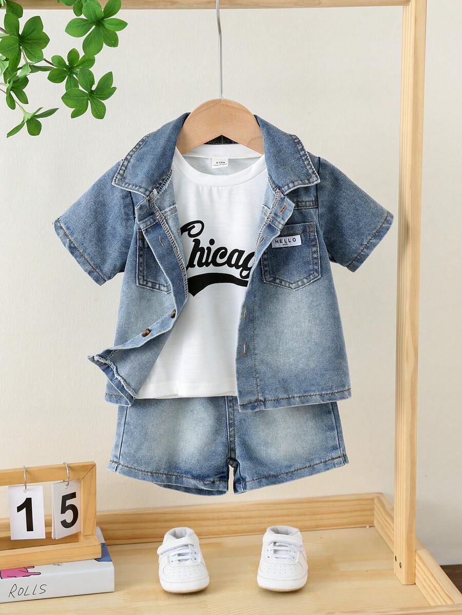 SHEIN 3pcs Baby Boy Summer Casual Denim Shirt Jacket, White Letter Print T-Shirt, And Blue Denim Shorts - Multicolor - View 1