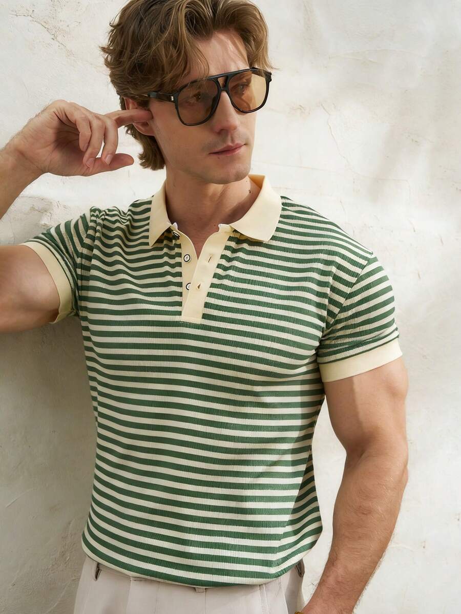 Airaco 2026 春季男士休闲撞色领条纹针织 Polo 衫，商务休闲周末街头风 - 彩色 - 查看 1