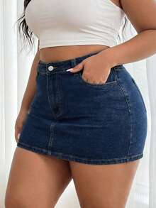 SHEIN ICON Women's Casual Everyday Denim Skirt With Pockets And Buttons - Dark Wash - View 4