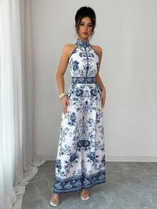 Elenzga Women's Blue Digital Positioning Print Halter Sleeveless Pleated Wide Leg Pants, Relaxed Fit High-End Elegant Fitted Jumpsuit, Spring/Summer - Blue - View 5