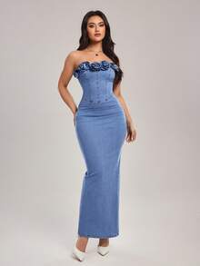 SHEIN Tall Women's 3D Floral Decor Fitted Elegant Denim Dress, Tall Women - Blue - View 5
