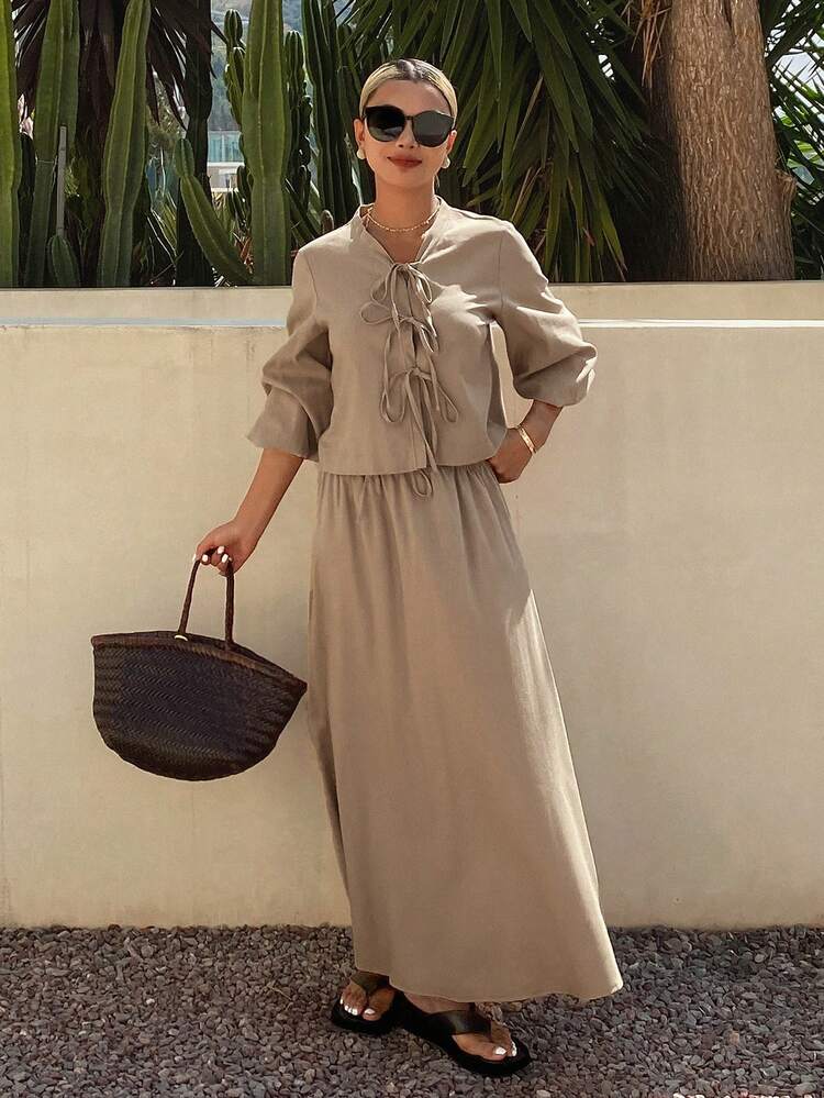 Women's Casual Solid Color Tie-Up Shirt And Mini Skirt 2-Piece Set, Spring/Summer