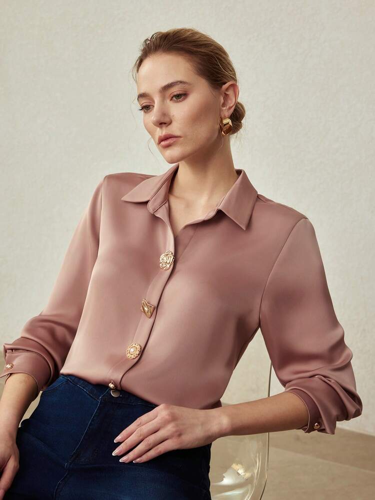 ELEGANT SATIN DECORATIVE BUTTONS SHIRT, SPRING/SUMMER