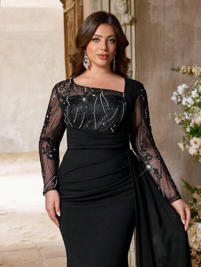 Aureia Plus Size Elegant Romantic Asymmetric Neckline Long Sleeve Sheer Luxury Beaded Patchwork Ruched Waist Mermaid Hem Dress With Side Slit, Suitable For Wedding, Party, Formal Occasion (Heavily Embellished Design)