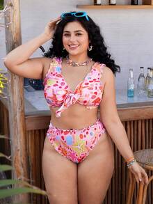 Swim Mod Plus Size Cerise Pink Bikini Set,Women's Summer Beach Holiday Holiday Printed Two Pieces Swimsuit,Front Knotted High Waist Tummy Control Bathing Suit - Pink - View 5