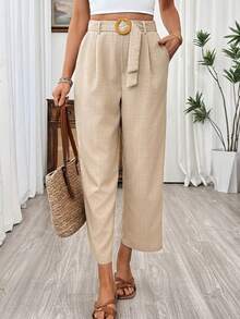 SHEIN Holidaya 女士休闲亚麻质感收腰直筒裤，春夏款 - 卡其色 - 查看 1