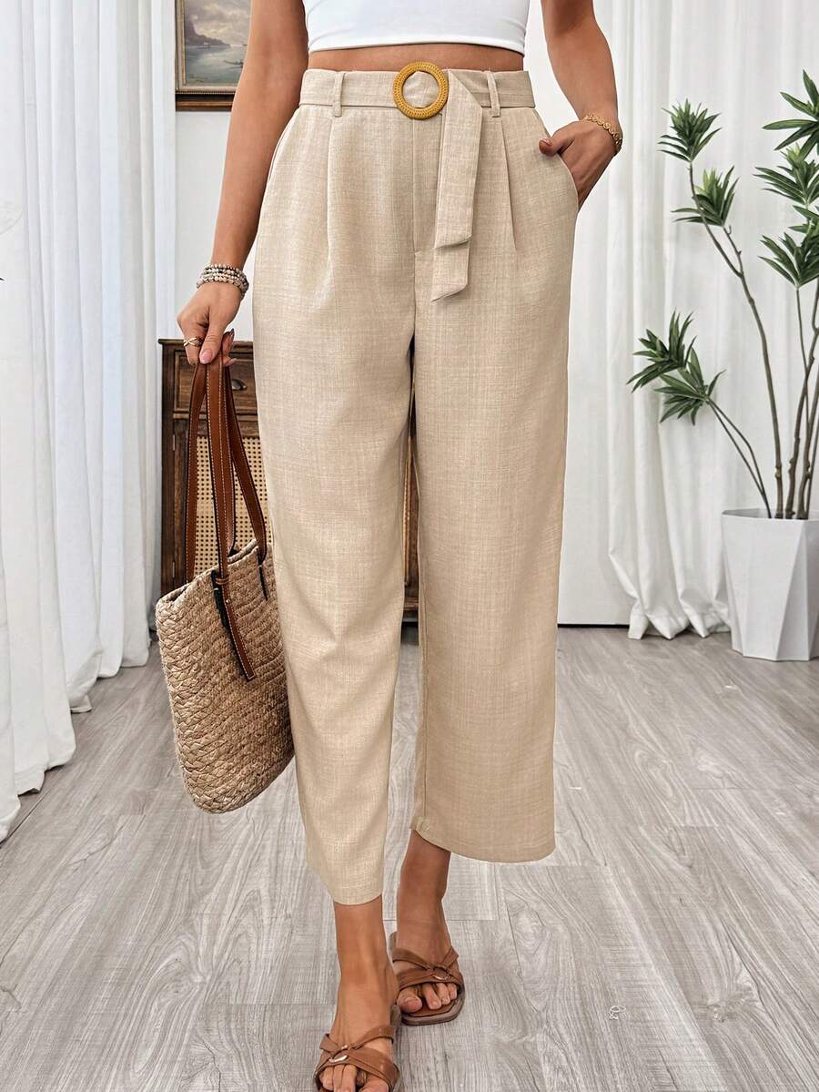 SHEIN Holidaya 女士休闲亚麻质感收腰直筒裤，春夏款 - 卡其色 - 查看 1