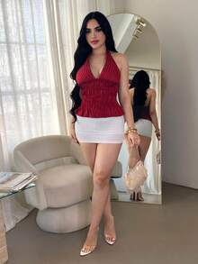 SHEIN SXY Women's Sexy Backless Halter Striped Blouse For Summer,Summer Top - Burgundy - View 4