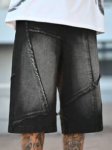 Devon Thys 男士口袋破洞阔腿宽松休闲牛仔短裤男士街头潮流牛仔裤外出都市休闲街头度假 - 黑色 - 查看 3