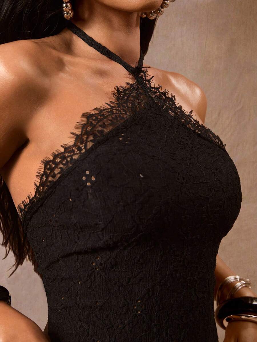 Opulessa 女士纯色针织露背吊带背心，适合春夏度假穿着 - 黑色 - 查看 1