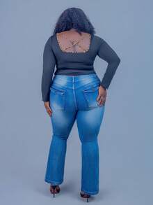 CurvyTilda 豹纹印花撞色心形胸前系带修身长袖性感女式衬衫 - 彩色 - 查看 2