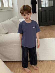 DAZY Young Boy Plaid Short Sleeve Top And Pants Pajama Set - Blue - View 4