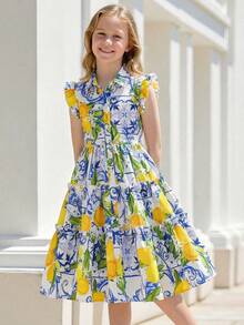 Sparklyn Tween Girl Puff Sleeve Collared Mid-Length Dress With Knitted Belt,Holiday Summer Travel Summer Holiday - Multicolor - View 4