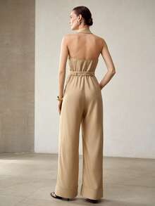 MOTF PREMIUM Bộ jumpsuit dài hở lưng cổ yếm bằng vải lanh thời trang - Màu Khaki - Xem 3