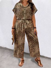 EMERY ROSE Jumpsuit Wanita Ukuran Besar Warna Polos Lengan Pendek Berkerah dengan Sabuk dan Saku, Romper Kasual Motif Leopard Ombre untuk Liburan - Hitam - View 6