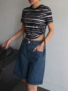 Dazy Tall Shorts vaqueros con bordado de mariposa para mujer alta, estilo casual de calle - Azul lavado oscuro - Ver 4