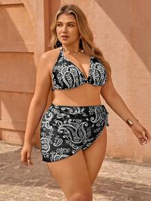 Swim Vcay Plus Size Women's 3-Piece Bikini Set With Mesh Skirt, Digital Floral Print, Adjustable Halter Neck, Suitable For Beach, Party, Vacation Bikini Set For Women Plus Size Plus Size Bathing Suits Women 2 Pieces 3 Pieces Swimwear Set Curve Plus Size High Waisted Swimwear High Waist Bikini Set - Black - View 3