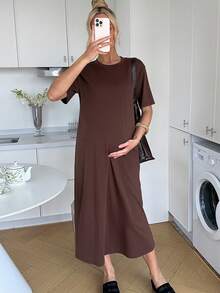 SHEIN Đầm bầu tay ngắn màu trơn, kiểu dáng thường ngày, thích hợp cho mùa hè. - màu nâu - Xem 9