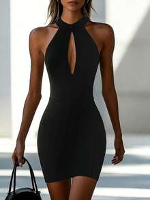 Ellegaria. 前镂空露背紧身连衣裙 - 黑色 - 查看 3