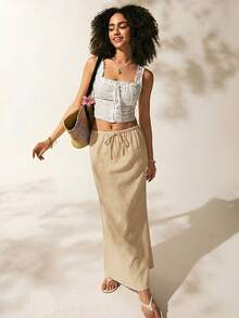 Easelle Rok Polos Kasual Wanita - Khaki - View 4