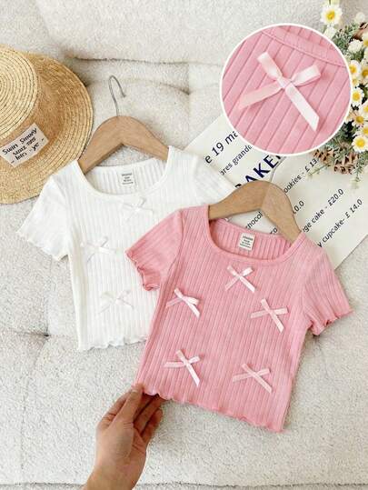 SHEIN 2pcs Casual Versatile Solid Color Bow Knit Tops For Baby Girl