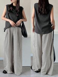 FRIFUL Women's Solid Color Round Neck Loose Tank Top And Striped Wide Leg Pants Casual 2 Pieces Set Lounge Sets For Women - Black - View 1