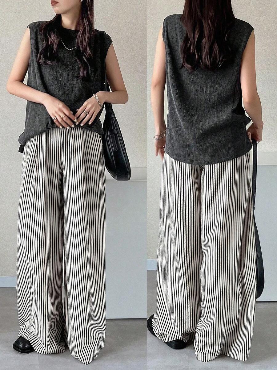 FRIFUL Women's Solid Color Round Neck Loose Tank Top And Striped Wide Leg Pants Casual 2 Pieces Set Lounge Sets For Women - Black - View 1