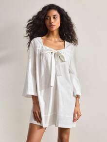 Ocili Đầm dài tay màu trơn dành cho nữ, kiểu thắt nút phía trước, thích hợp mặc ở nhà. - trắng - Xem 3