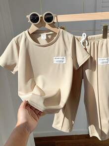Bubblio 2pcs/Set Young Boys' Casual Comfortable Versatile Cartoon Print Short Sleeve T-Shirt And Pants Set,Kids - Khaki - View 5