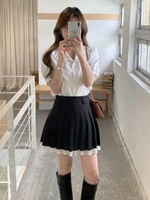 DAZY Women's Elegant Contrast Lace Pleated A-Line Skirt, Suitable For Office Commute In Summer - Black - View 7