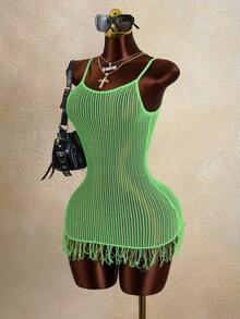 Bonvoyette 春夏新款女士绿色钩针镂空网纱无袖流苏拼接吊带裙，沙滩裙，比基尼罩衫，休闲沙滩装，夏季必备 - 綠色 - 查看 3