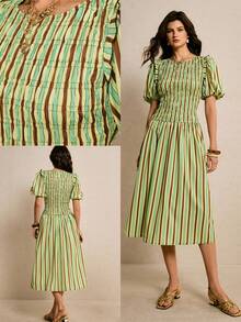 Poéselle 女士撞色条纹灯笼袖收腰复古中长连衣裙，度假风 - 彩色 - 查看 3