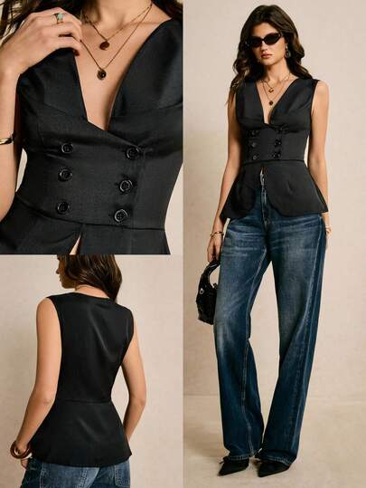 Poéselle Chaleco sin mangas de mujer de unicolor minimalista para uso casual/oficina, de doble botonadura y cintura ceñida, ligero para el verano