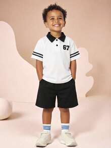 2pcs/Set Young Boys White Polo Co-Ords,Casual,Cute&Sporty 67 Contrast Color Shirt&Black Trim Shorts,Summer School Back-To-School Daily Wear Outings - Black and White - View 8
