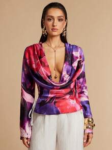 Silquee Women's Elegant Purple Floral Deep V-Neck Satin Top,Long-Sleeved Relaxed Flowing Design,Perfect For Autumn,Party,Summer Vacations,Dates & Casual Wear - Multicolor - View 4