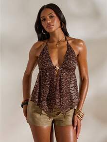 Opulessa Women's Vacation Beach Backless Halter Sparkle Top - Brown - View 6