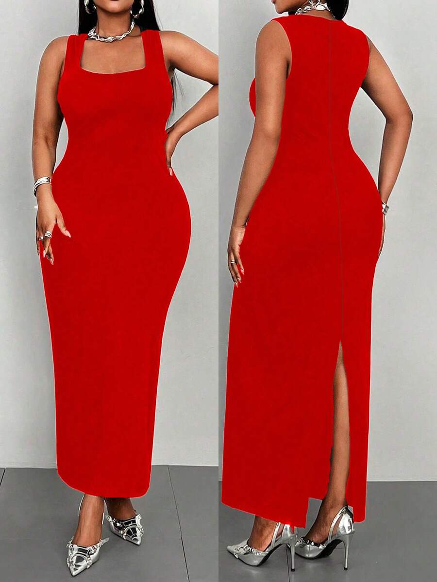 Maweii Plus Size Casual Square Neck Cinched Waist Fitted Bodycon Dress - Red - View 1